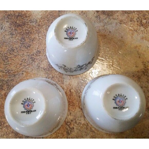 Set of 3 Vintage Asian Style Fine Porcelain white black floral with silver trim - Picture 2 of 2